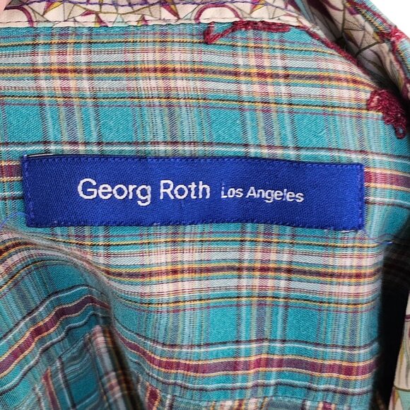 George Roth Floral Embroidered Blue Plaid Button Up Sz XL - Picture 9 of 11